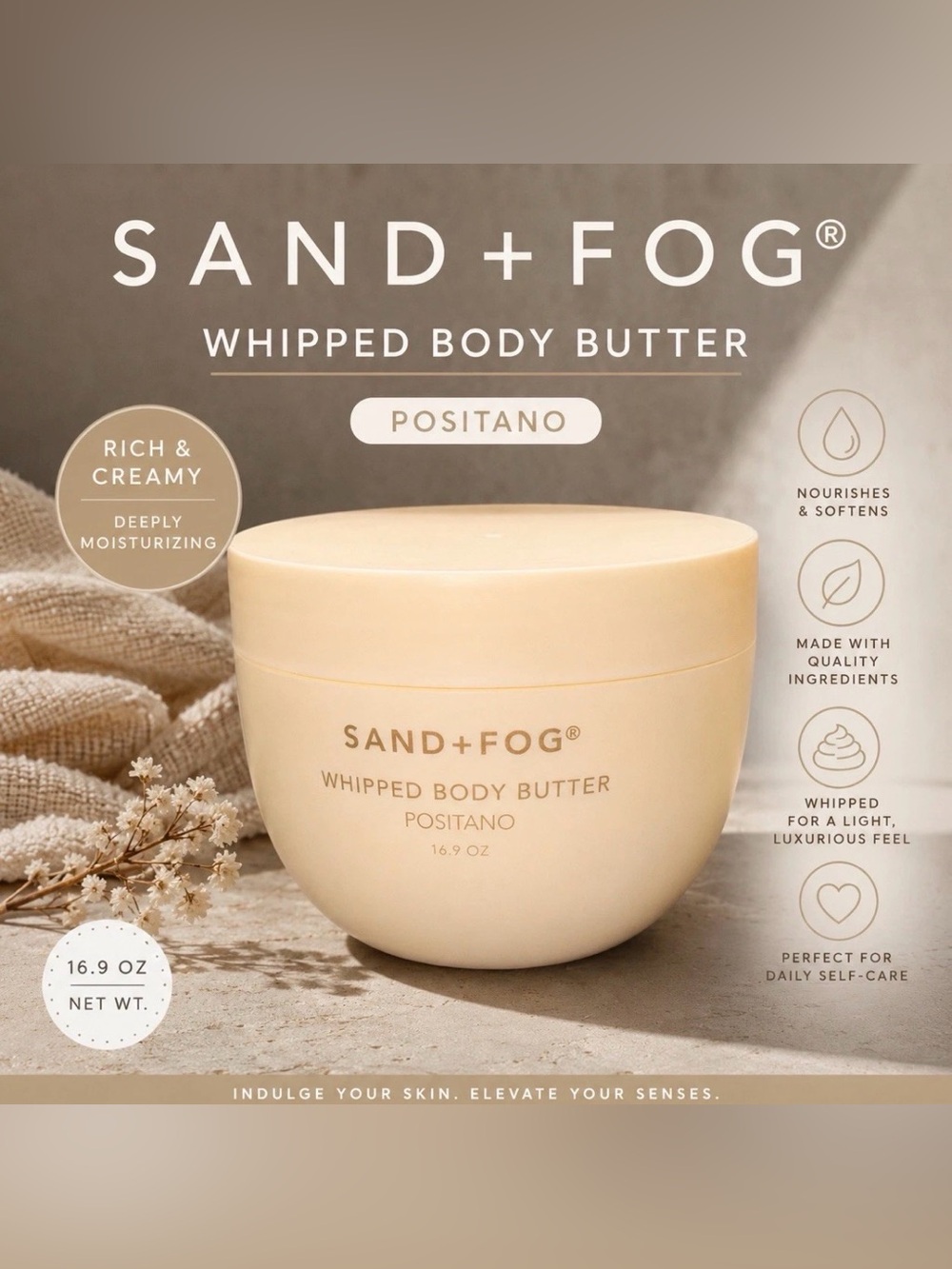 NEW Sand + Fog Positano Whipped Body Butter 16.9 oz Shea Butter Jojoba Oil